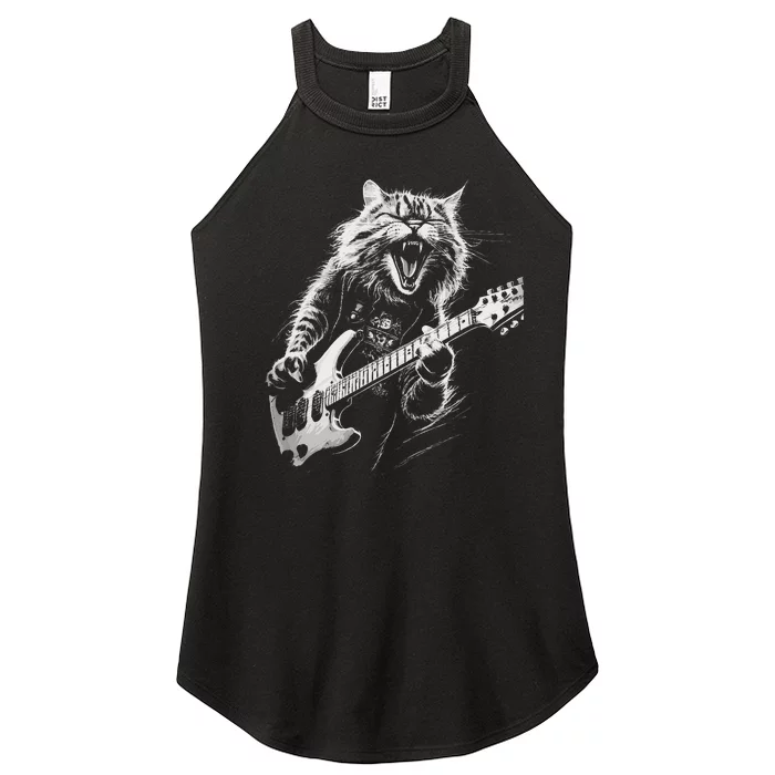 Rock Cat Playing Guitar Woman Funny Guitar Cat Women’s Perfect Tri Rocker Tank