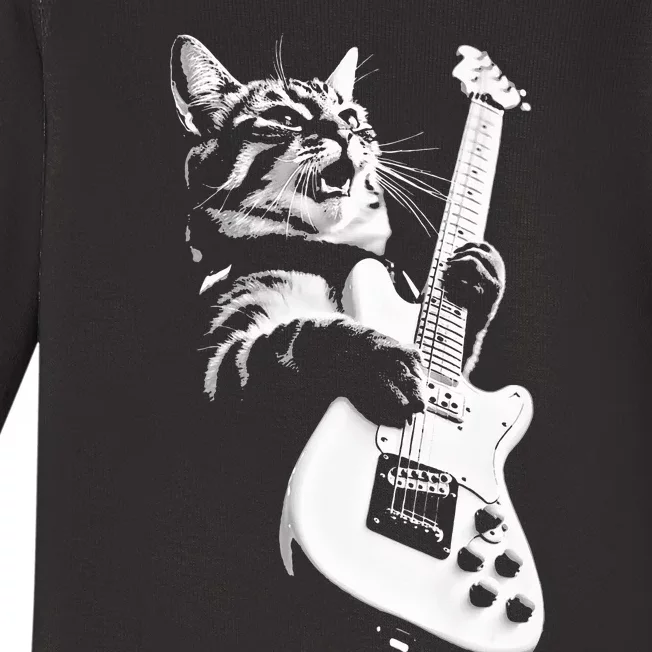 Rock Cat Playing Guitar  Funny Guitar Cat Baby Long Sleeve Bodysuit