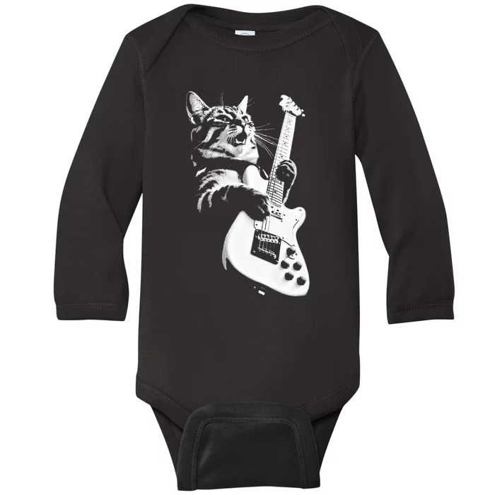 Rock Cat Playing Guitar  Funny Guitar Cat Baby Long Sleeve Bodysuit