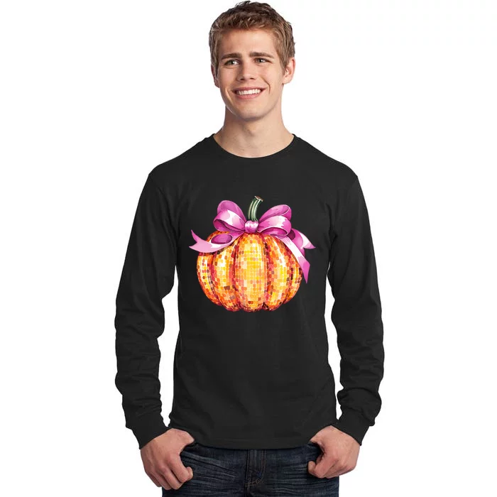 Retro Coquette Pumpkin P.Ink Bow Fall Thanksgiving Women Girl Tall Long Sleeve T-Shirt