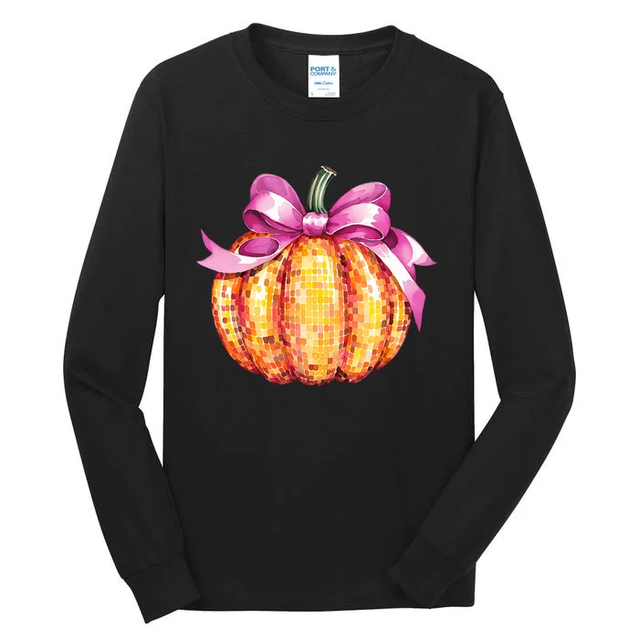 Retro Coquette Pumpkin P.Ink Bow Fall Thanksgiving Women Girl Tall Long Sleeve T-Shirt