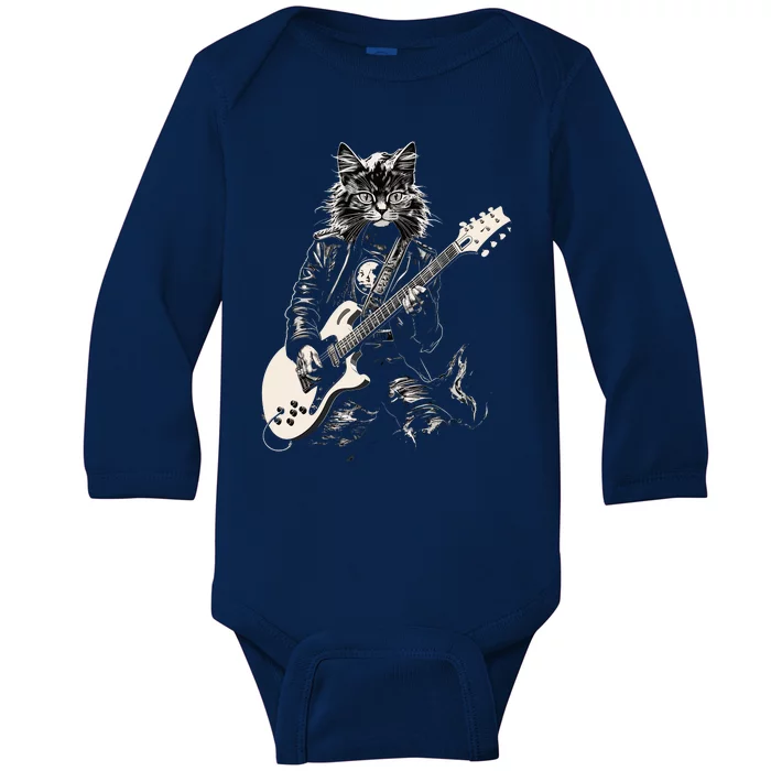 Rock Cat Playing Guitar Cat Funny Guitar Cat Kitty Baby Long Sleeve Bodysuit