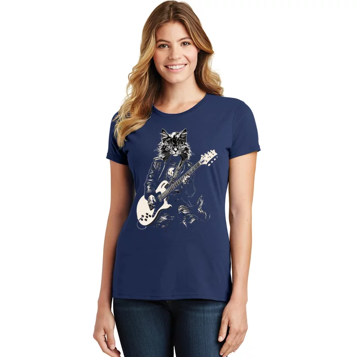 Rock Cat Playing Guitar Cat Funny Guitar Cat Kitty Women's T-Shirt