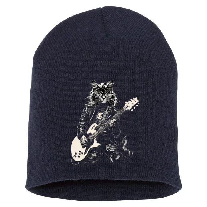 Rock Cat Playing Guitar Cat Funny Guitar Cat Kitty Short Acrylic Beanie