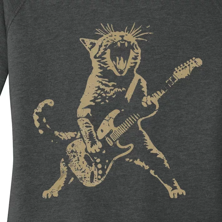 Rock Cat Playing Guitar Funny Guitar Cat Women's Perfect Tri Tunic Long Sleeve Shirt