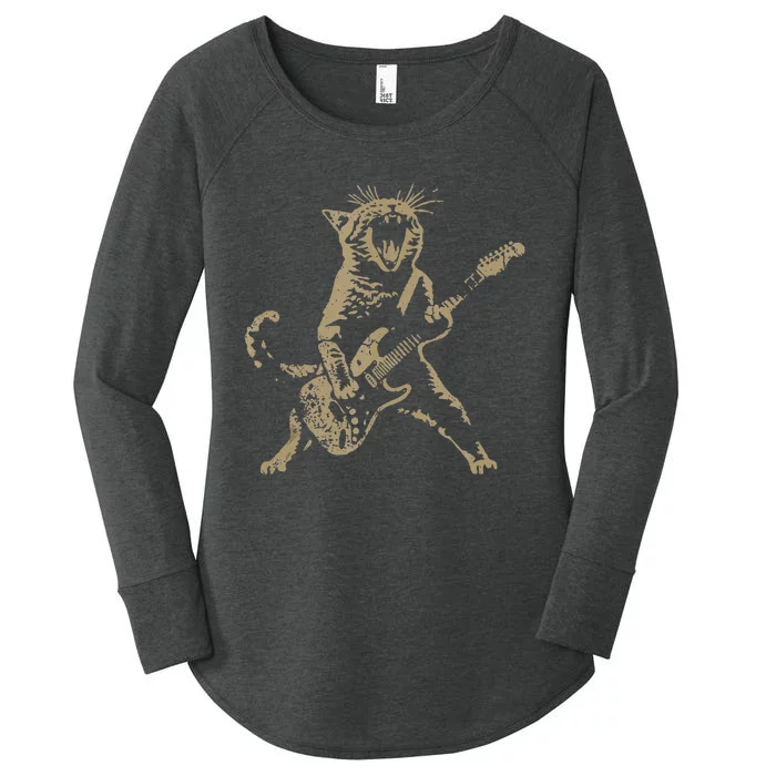 Rock Cat Playing Guitar Funny Guitar Cat Women's Perfect Tri Tunic Long Sleeve Shirt