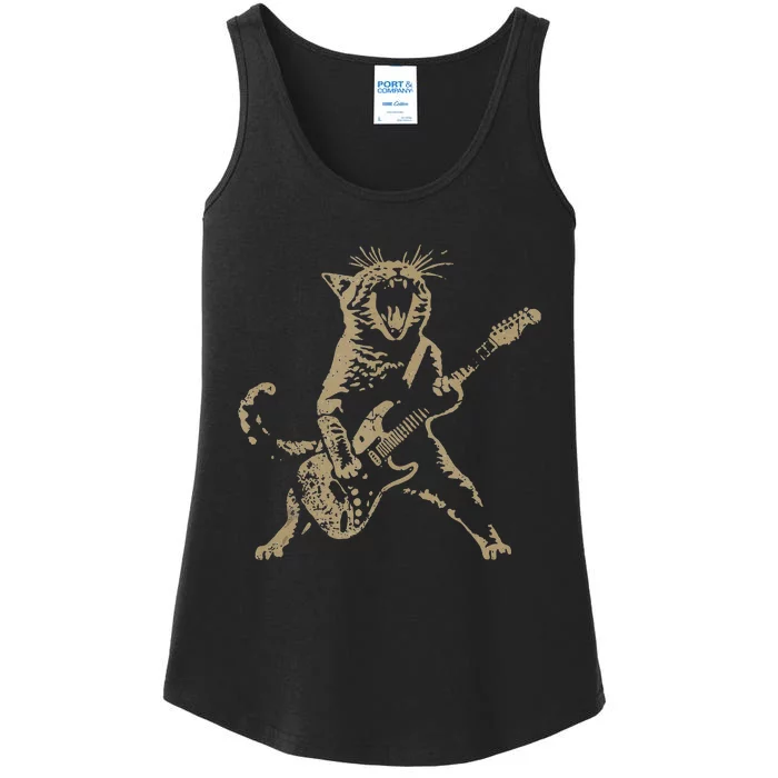 Rock Cat Playing Guitar Funny Guitar Cat Ladies Essential Tank