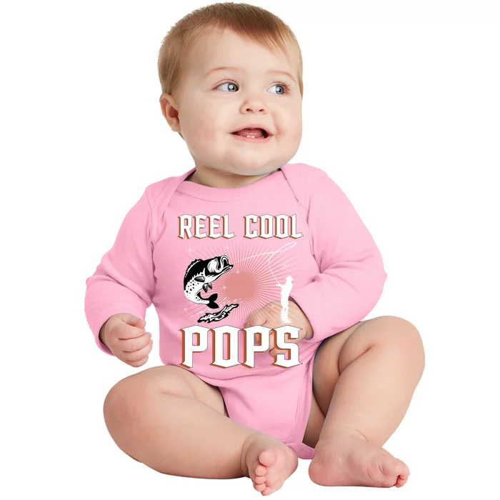 Reel Cool Pops Funny Fishing Grandpa Dad Joke Cool Fisher Funny Gift Baby Long Sleeve Bodysuit