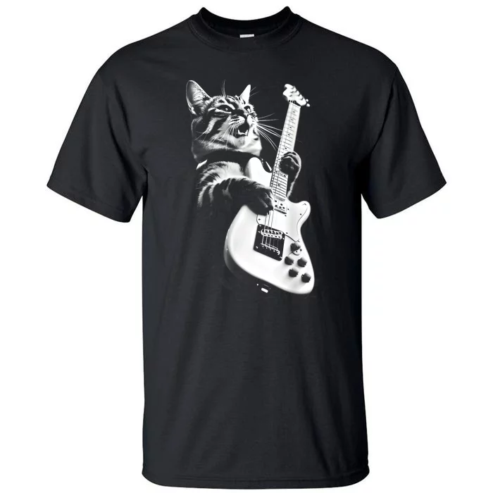 Rock Cat Playing Guitar Funny Guitar Cat Guitarist Tall T-Shirt