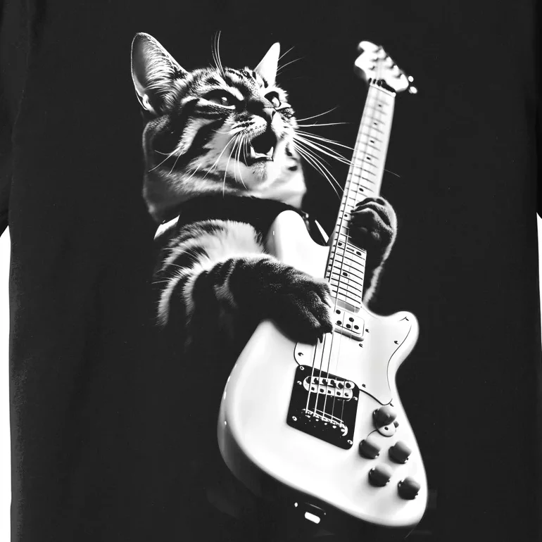 Rock Cat Playing Guitar Funny Guitar Cat Guitarist Premium T-Shirt