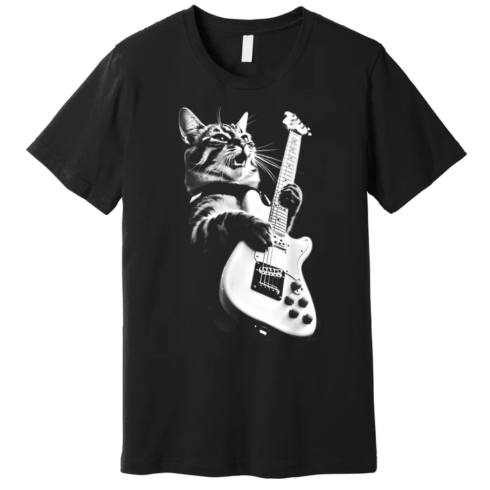 Rock Cat Playing Guitar Funny Guitar Cat Guitarist Premium T-Shirt