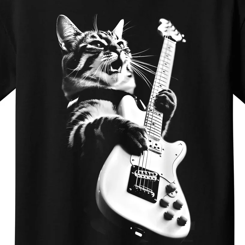 Rock Cat Playing Guitar Funny Guitar Cat Guitarist Kids T-Shirt