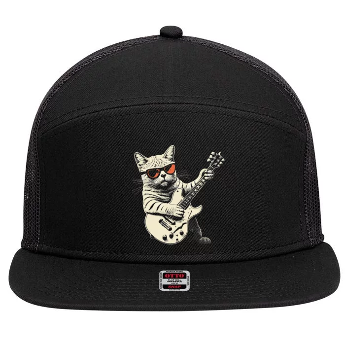 Rock Cat Playing Guitar Rock Kitty Funny Guitar Cat 7 Panel Mesh Trucker Snapback Hat