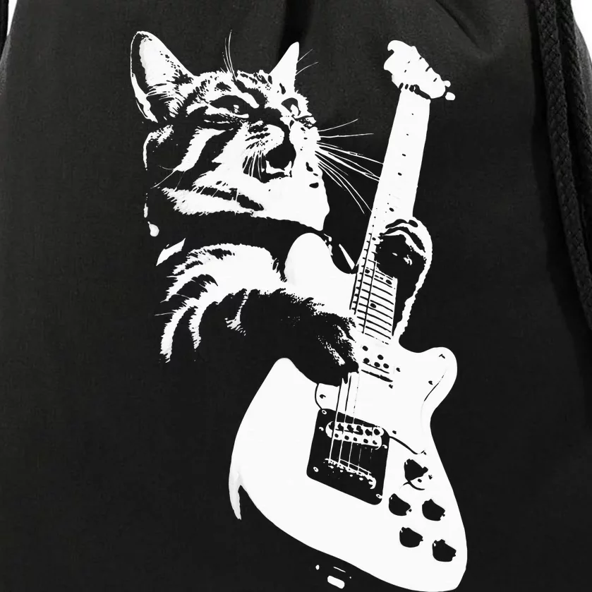 Rock Cat Playing Guitar Funny Guitar Cat Drawstring Bag