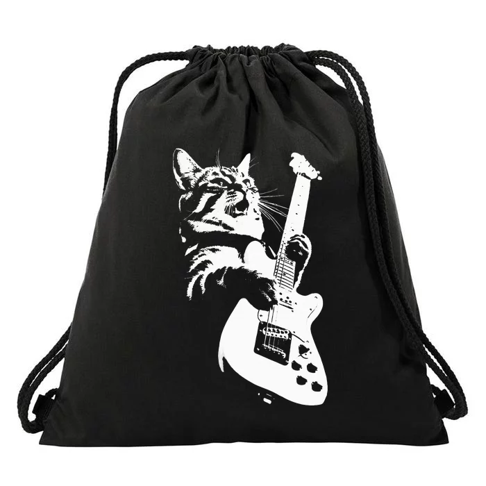 Rock Cat Playing Guitar Funny Guitar Cat Drawstring Bag