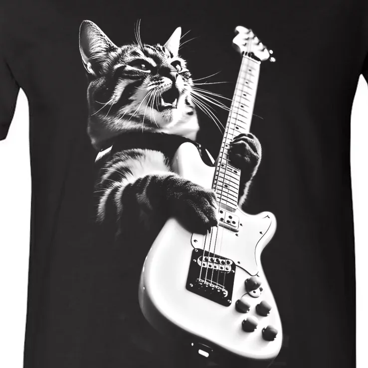 Rock Cat Playing Guitar Funny Guitar Cat V-Neck T-Shirt