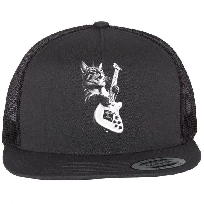 Rock Cat Playing Guitar Funny Guitar Cat Flat Bill Trucker Hat