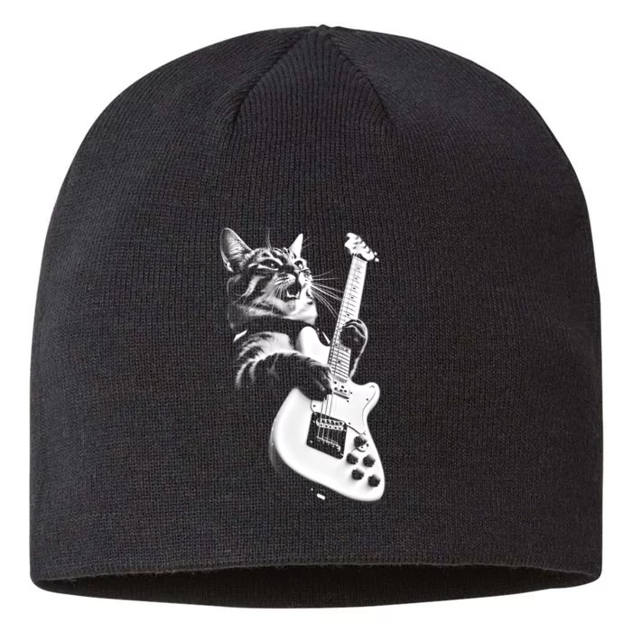 Rock Cat Playing Guitar Funny Guitar Cat 8 1/2in Sustainable Knit Beanie