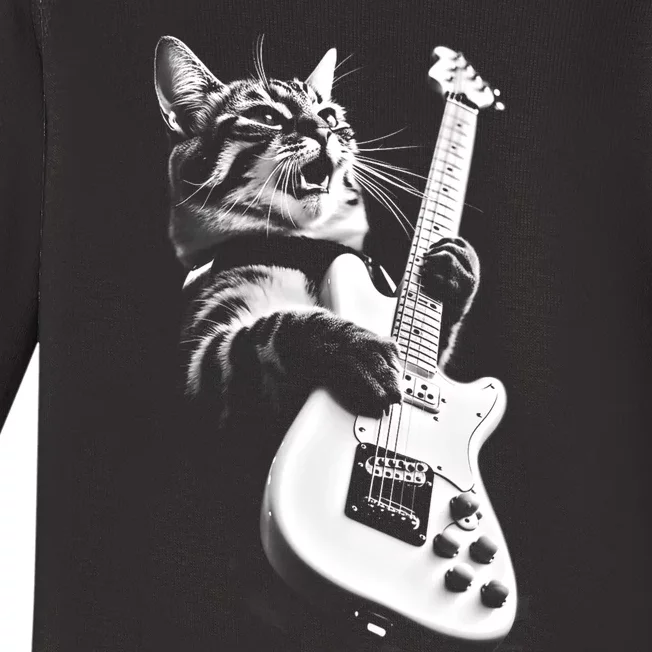 Rock Cat Playing Guitar Funny Guitar Cat Baby Long Sleeve Bodysuit