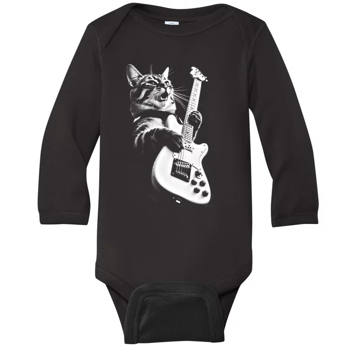 Rock Cat Playing Guitar Funny Guitar Cat Baby Long Sleeve Bodysuit