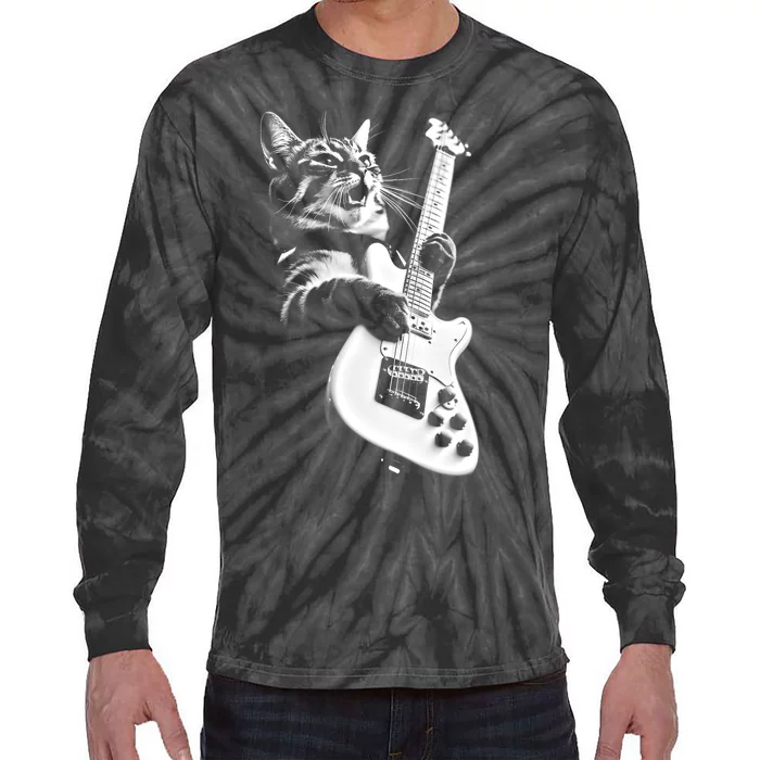 Rock Cat Playing Guitar Funny Guitar Cat Tie-Dye Long Sleeve Shirt