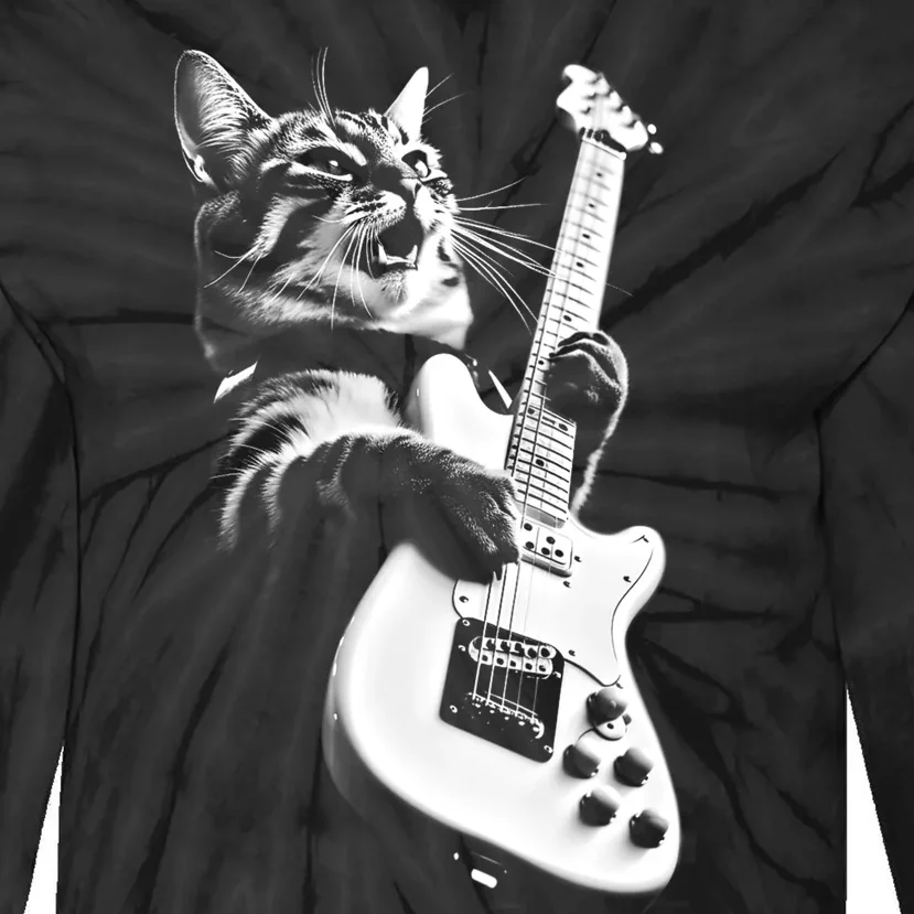 Rock Cat Playing Guitar Funny Guitar Cat Tie-Dye Long Sleeve Shirt