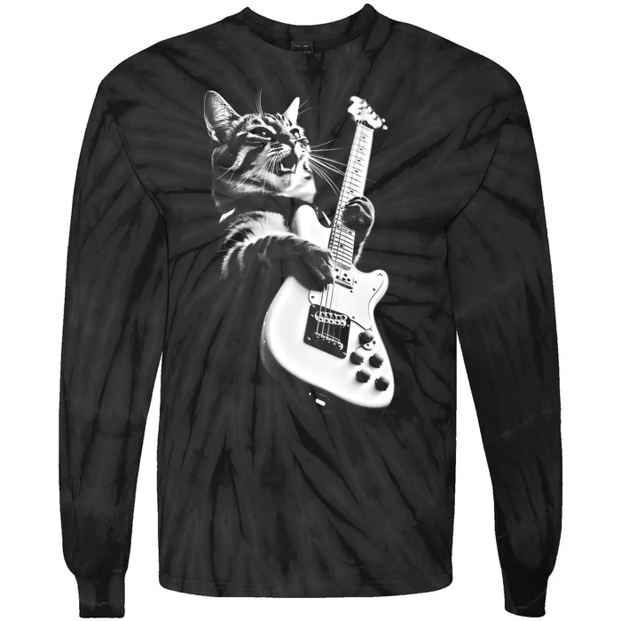 Rock Cat Playing Guitar Funny Guitar Cat Tie-Dye Long Sleeve Shirt