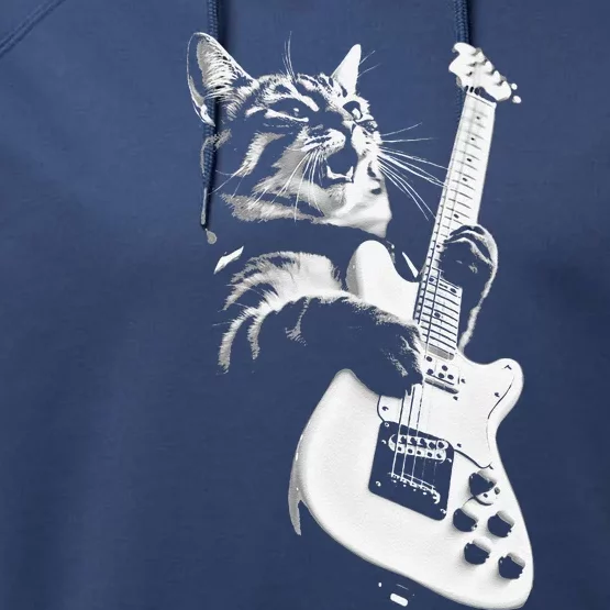 Rock Cat Playing Guitar Funny Guitar Cat Performance Fleece Hoodie