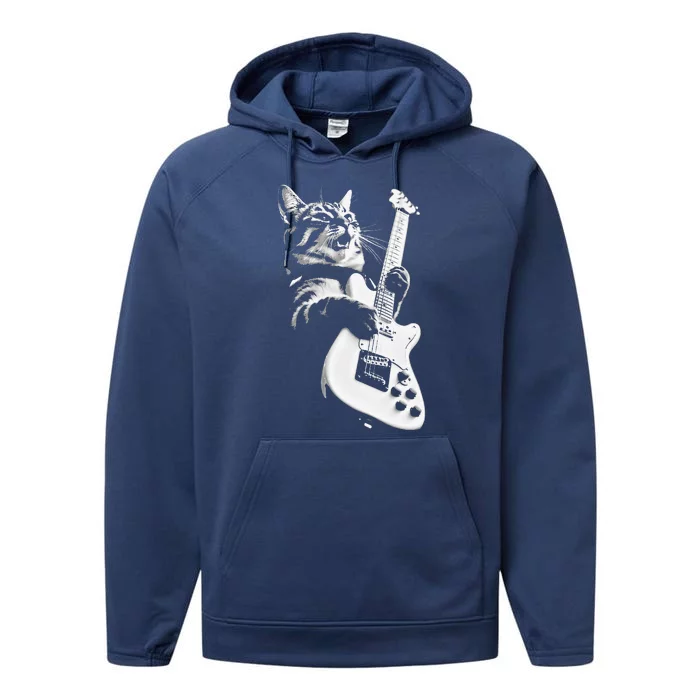 Rock Cat Playing Guitar Funny Guitar Cat Performance Fleece Hoodie