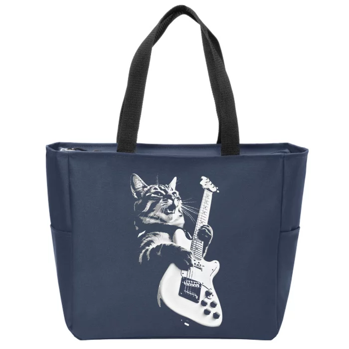 Rock Cat Playing Guitar Funny Guitar Cat Zip Tote Bag