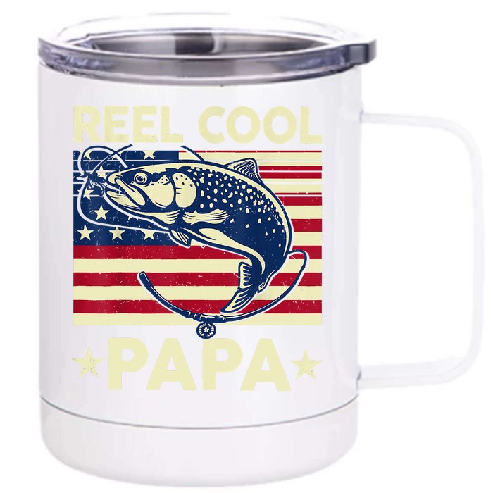 Reel Cool Papa Fathers Day Trout Fishing Gift Dad Grandpa Front & Back 12oz Stainless Steel Tumbler Cup