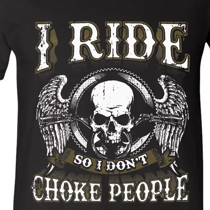 Ride Choke People Biker Wings Skull Motorcycle Long Sleeve V-Neck T-Shirt