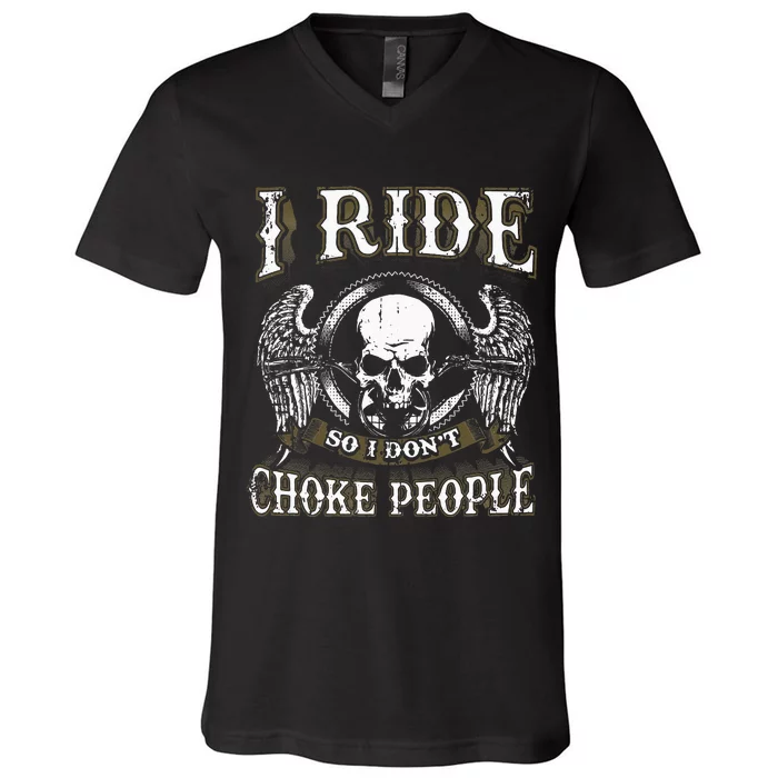 Ride Choke People Biker Wings Skull Motorcycle Long Sleeve V-Neck T-Shirt