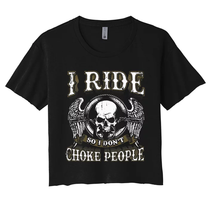 Ride Choke People Biker Wings Skull Motorcycle Long Sleeve Women's Crop Top Tee