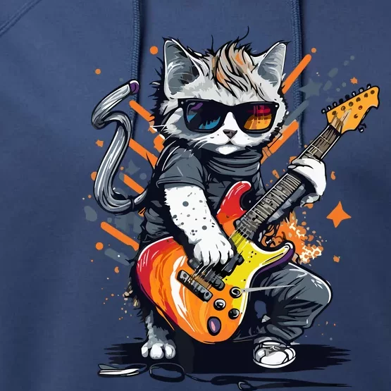 Rock Cat Playing Guitar Funny Guitar Cat Performance Fleece Hoodie