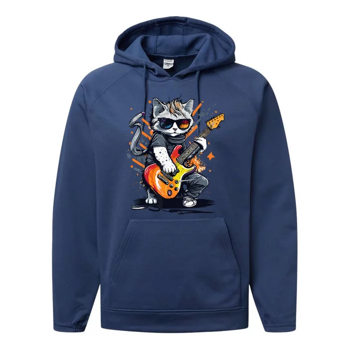 Rock Cat Playing Guitar Funny Guitar Cat Performance Fleece Hoodie