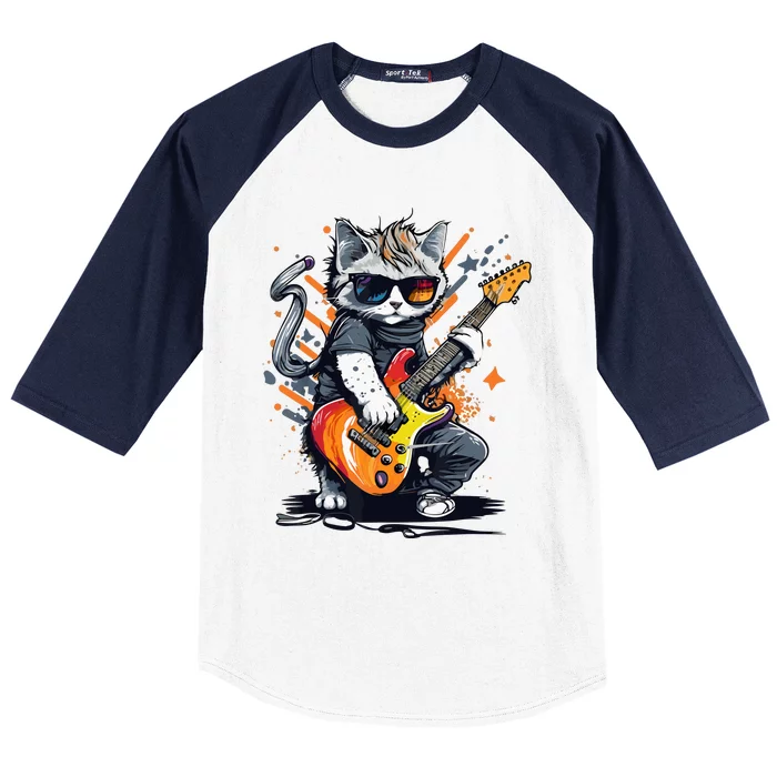 Rock Cat Playing Guitar Funny Guitar Cat Baseball Sleeve Shirt