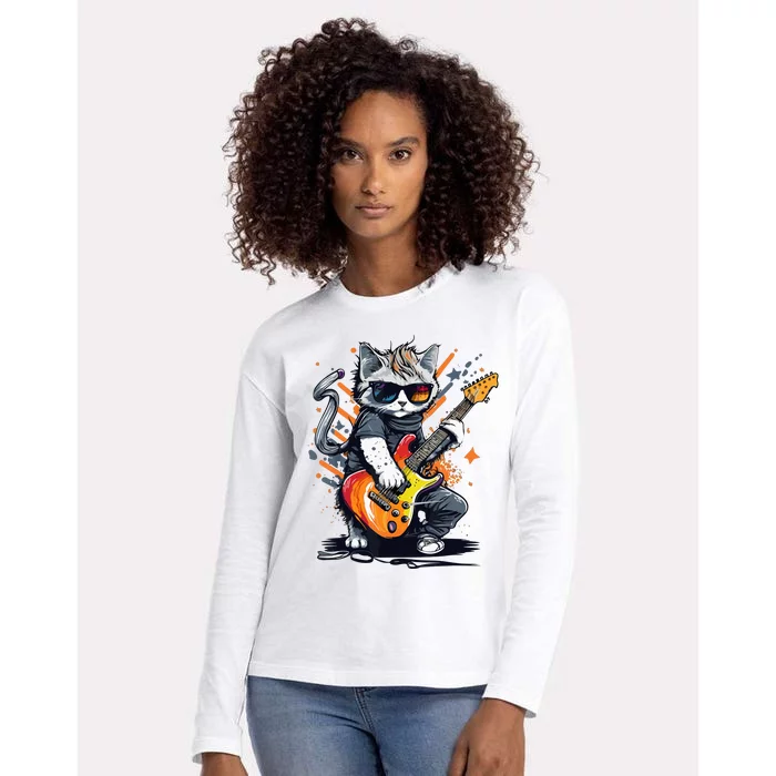 Rock Cat Playing Guitar Funny Guitar Cat Womens Cotton Relaxed Long Sleeve T-Shirt