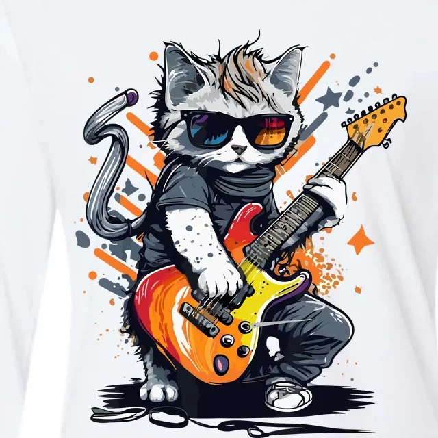 Rock Cat Playing Guitar Funny Guitar Cat Womens Cotton Relaxed Long Sleeve T-Shirt