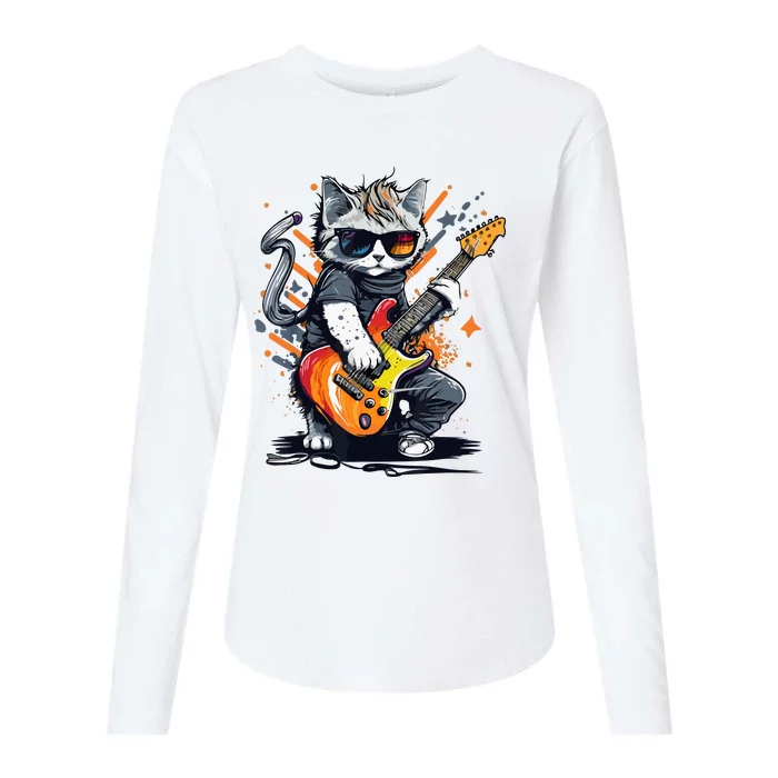 Rock Cat Playing Guitar Funny Guitar Cat Womens Cotton Relaxed Long Sleeve T-Shirt