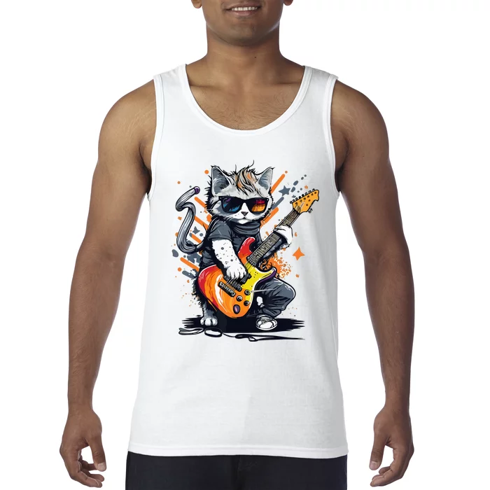 Rock Cat Playing Guitar Funny Guitar Cat Tank Top