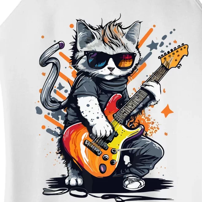 Rock Cat Playing Guitar Funny Guitar Cat Women’s Perfect Tri Rocker Tank