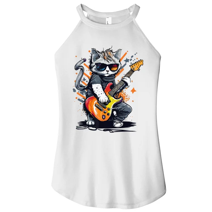 Rock Cat Playing Guitar Funny Guitar Cat Women’s Perfect Tri Rocker Tank