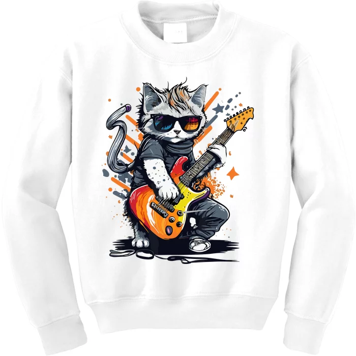 Rock Cat Playing Guitar Funny Guitar Cat Kids Sweatshirt