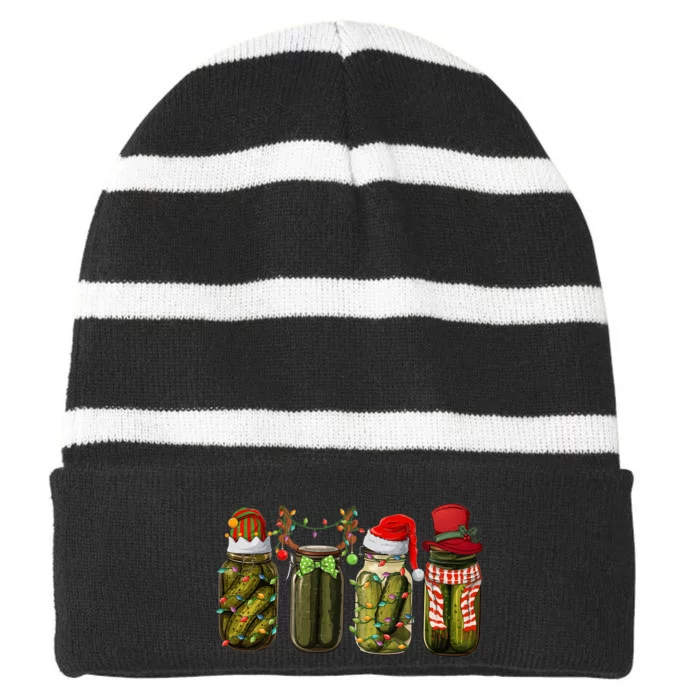 Retro Canned Pickles Christmas Santa Hat Reindeer Pickle Jar Striped Beanie with Solid Band