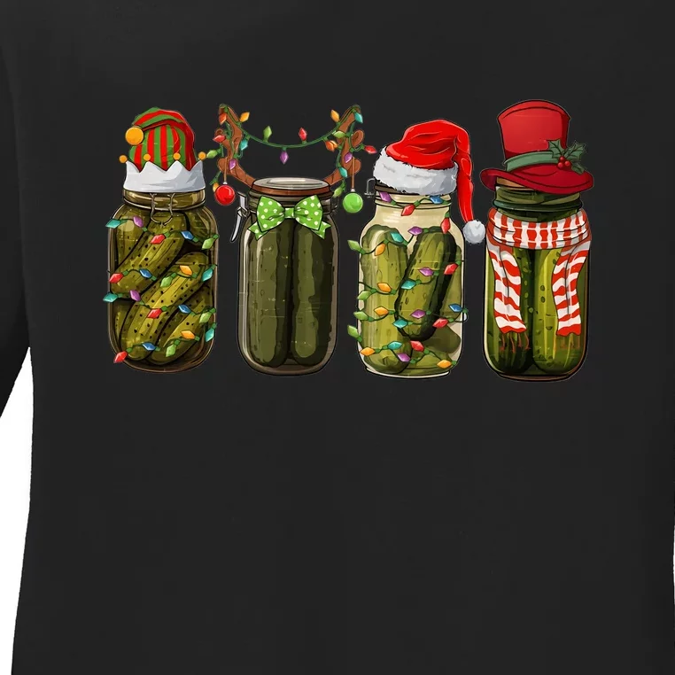 Retro Canned Pickles Christmas Santa Hat Reindeer Pickle Jar Ladies Long Sleeve Shirt