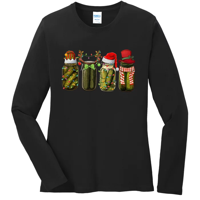 Retro Canned Pickles Christmas Santa Hat Reindeer Pickle Jar Ladies Long Sleeve Shirt