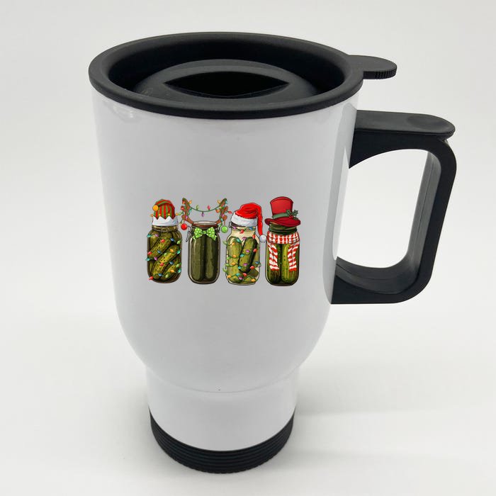 Retro Canned Pickles Christmas Santa Hat Reindeer Pickle Jar Front & Back Stainless Steel Travel Mug