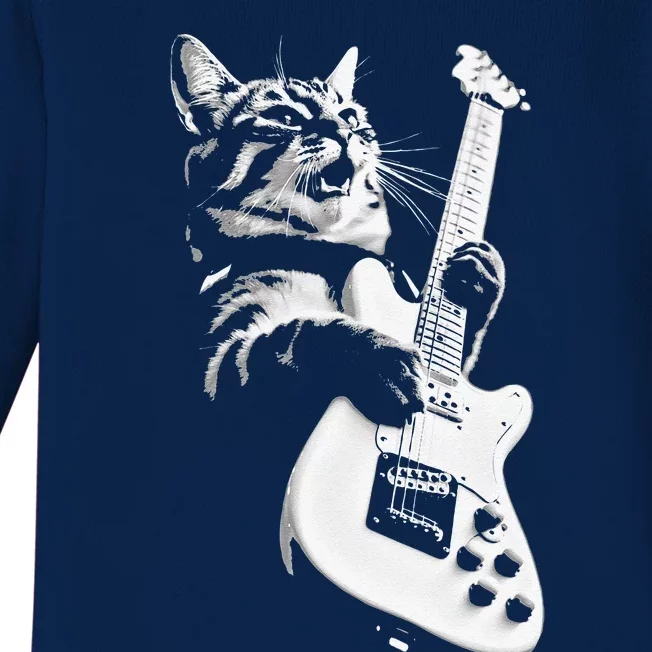 Rock Cat Playing Guitar Funny Guitar Cat Baby Long Sleeve Bodysuit