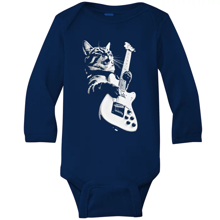 Rock Cat Playing Guitar Funny Guitar Cat Baby Long Sleeve Bodysuit